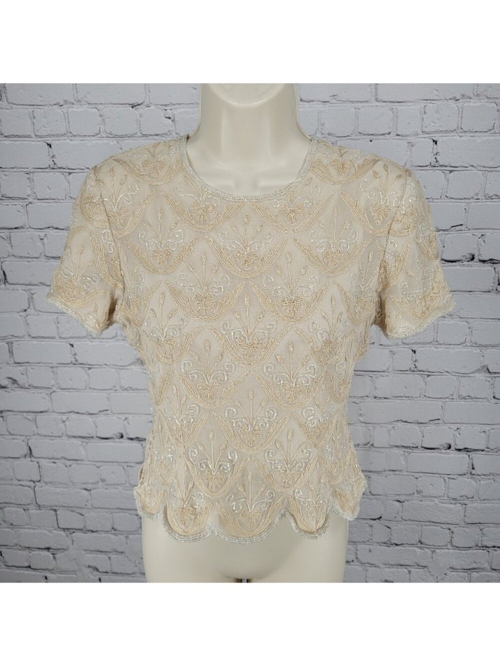 Papell Boutique Evening Beige 100% Silk Beaded Embroidered Top Size P6